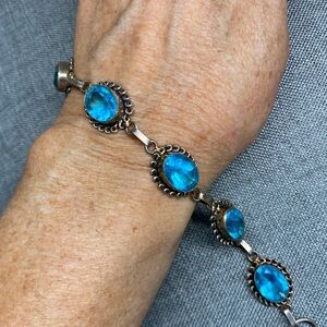 Vintage Sterling Silver Blue Topaz Link Bracelet | 925 | Adjustable | Faceted